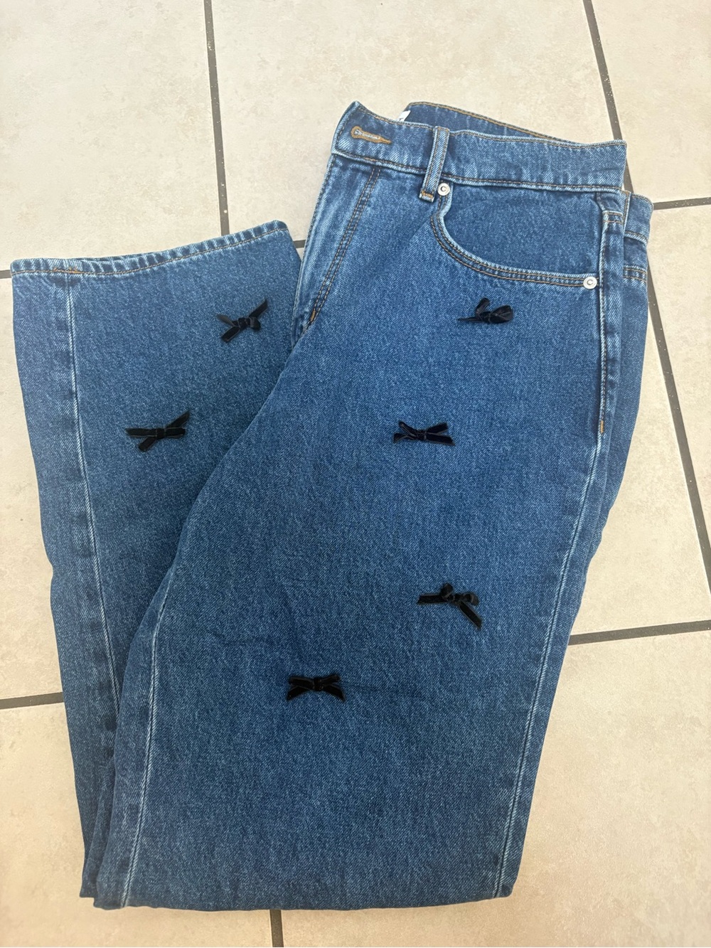 LOFT Dark Blue Straight-Leg Jeans with Black Bow Accents